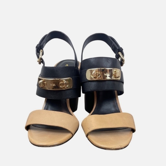 COACH Black and Tan Women's Leather Gold Block Heel Sandals Size 6.5B - Picture 3 of 13